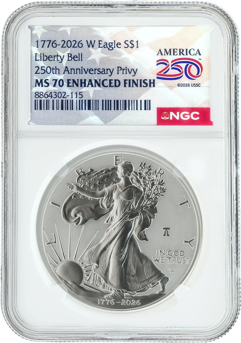 1776-2026 W $1 Enhanced Unc Silver Eagle 250th Liberty Bell Privy NGC MS70