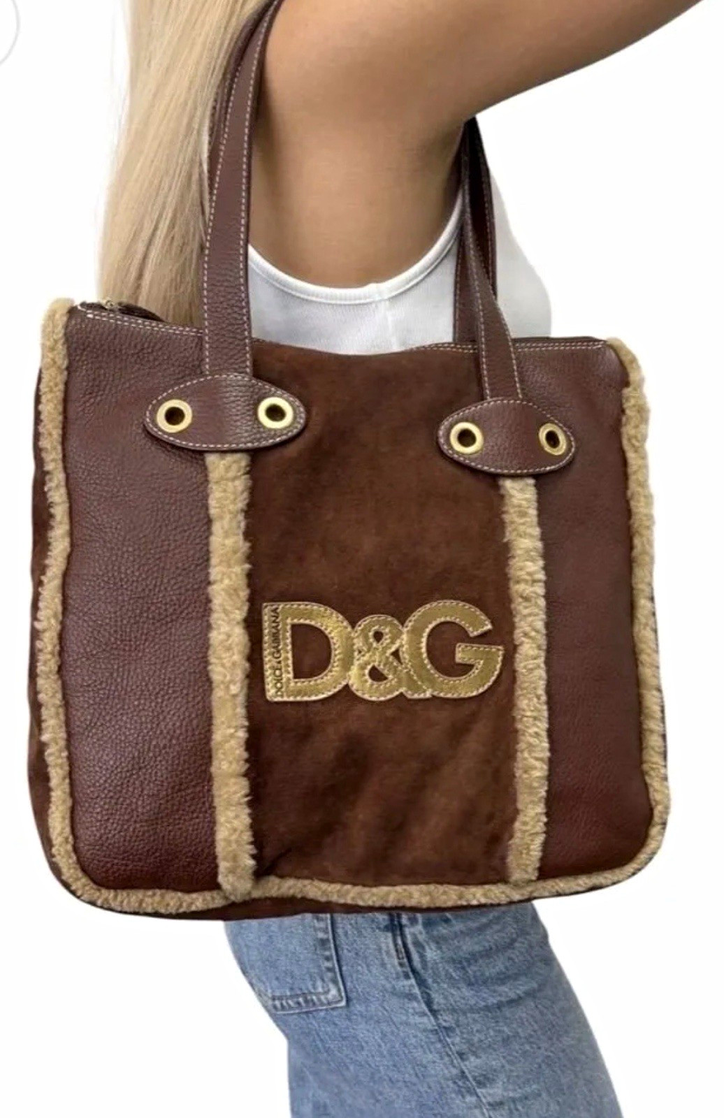 Dolce & Gabbana Brown Shearling Trim Zip Tote Bag Gold Hardware Logo
