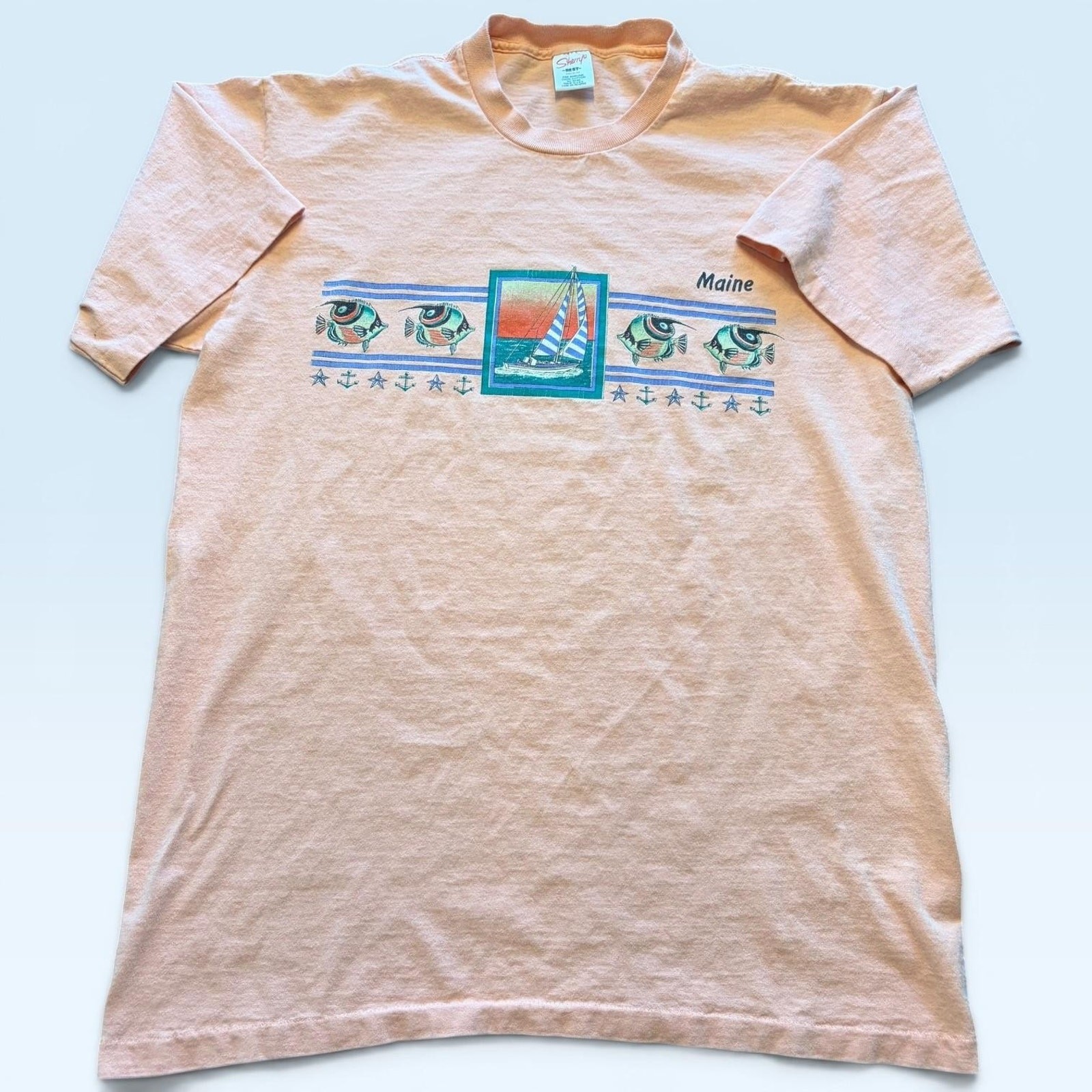 Vintage Maine Shirt Mens Medium Peach Nautical Sailboat Sherry\'s T-Shirt USA
