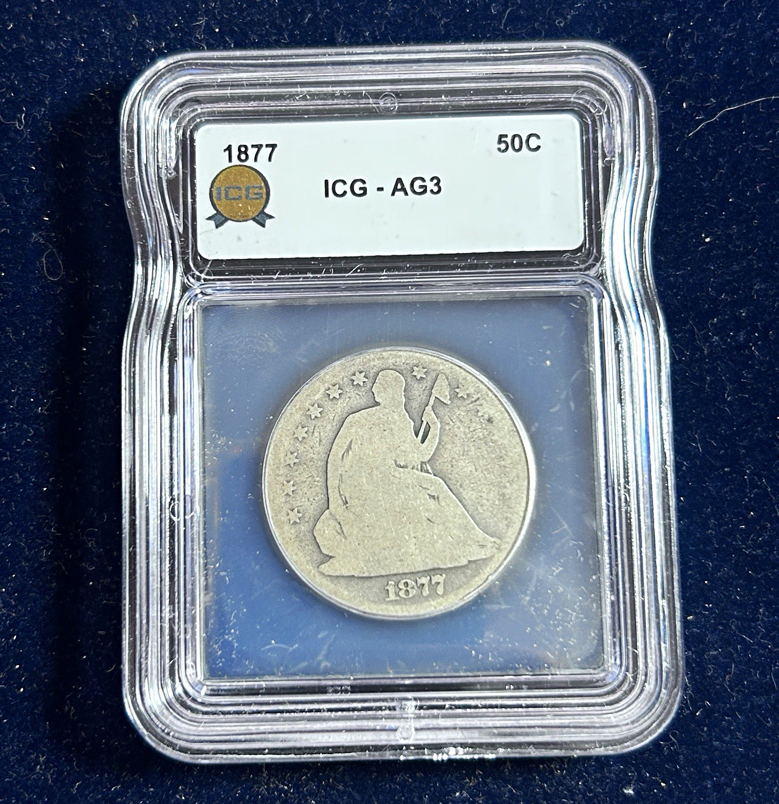 1877 Seated Liberty Half Dollar 50C, ICG AG3