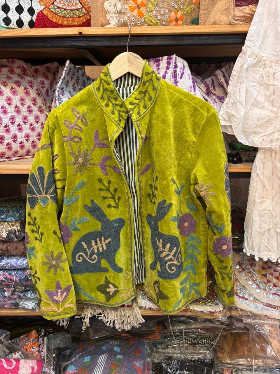 Handmade Suzani Embroidered Velvet Jacket Green Rabbit Floral Boho Ethnic Coat Handmade Suzani Embroidered Velvet Jacket Green Rabbit Floral Boho Ethnic Coat