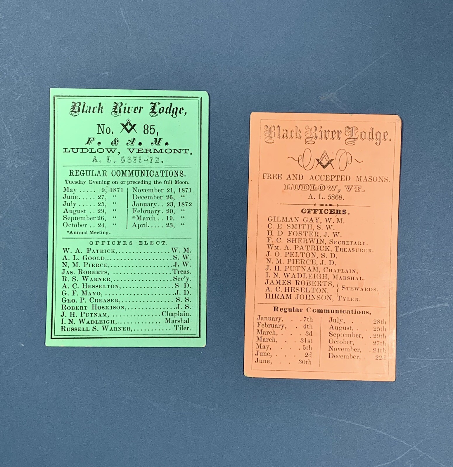 Black River Lodge No. 85 Ludlow, Vermont ~ 1871 Meeting Card Freemasonry
