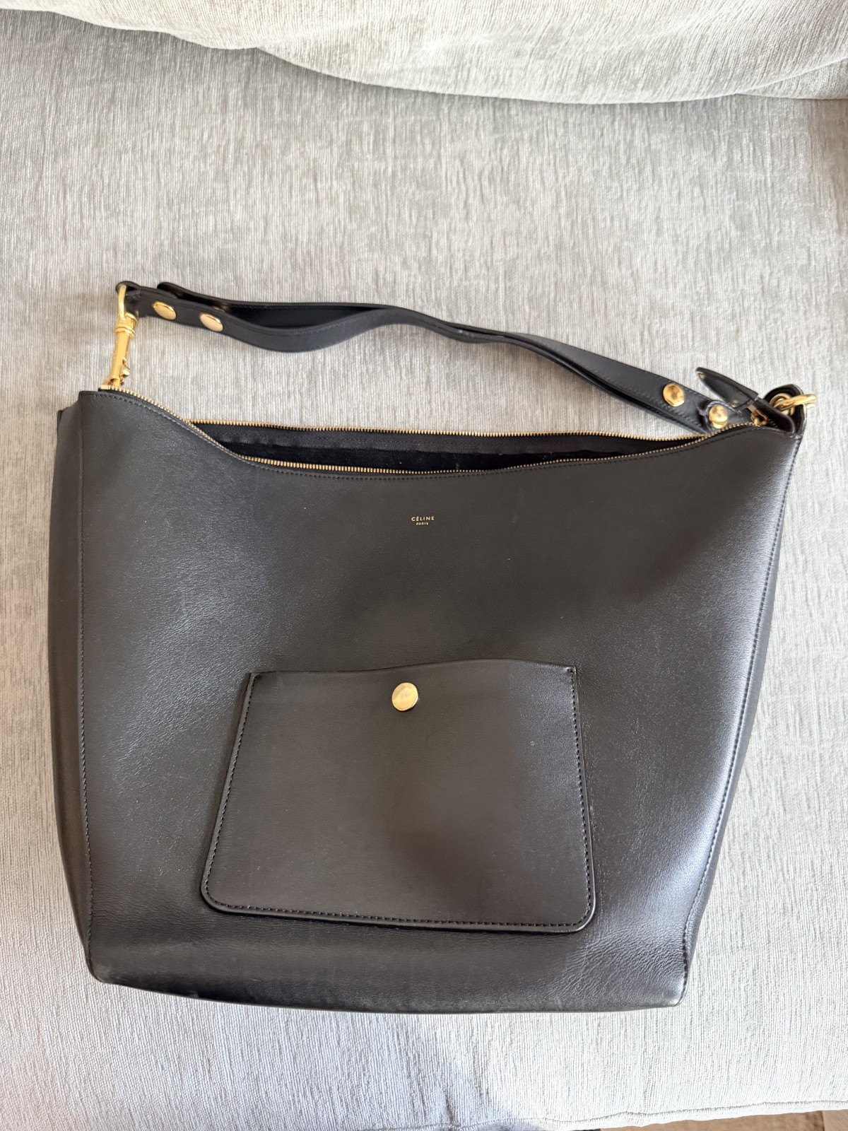 Authentic Celine Zipped Hobo Black Calfskin Shoulder Bag with Gold Hardware