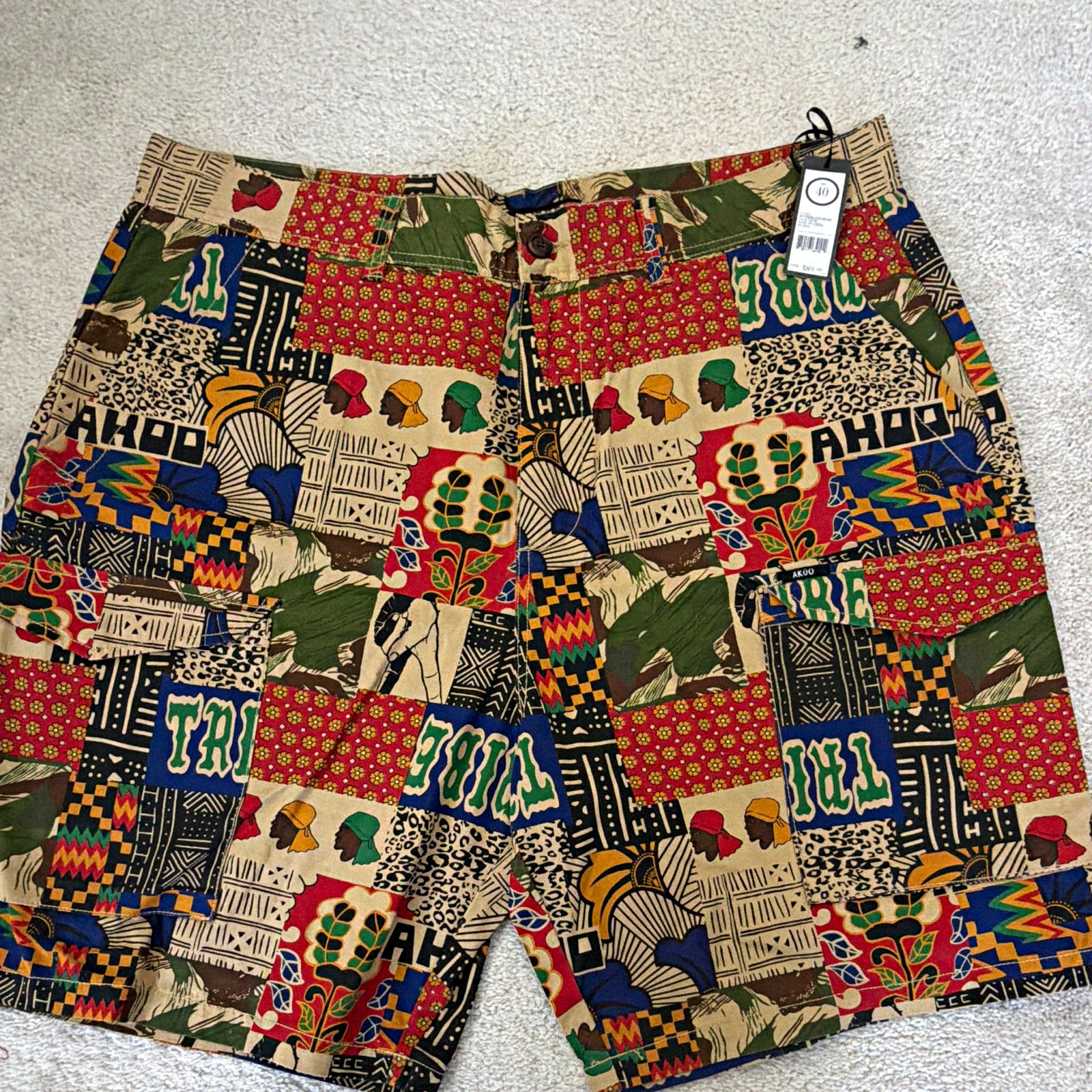 AKOO Men\'s Multicolor Patchwork Chino Shorts Cotton Canvas Tribal Logo