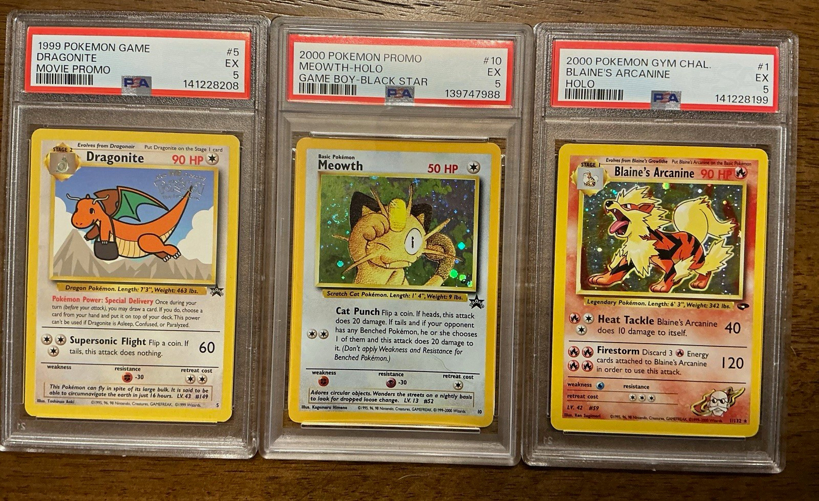 Pokemon PSA 5 Lot Dragonite Movie Promo Meowth Holo Blaine’s Arcanine WOTC