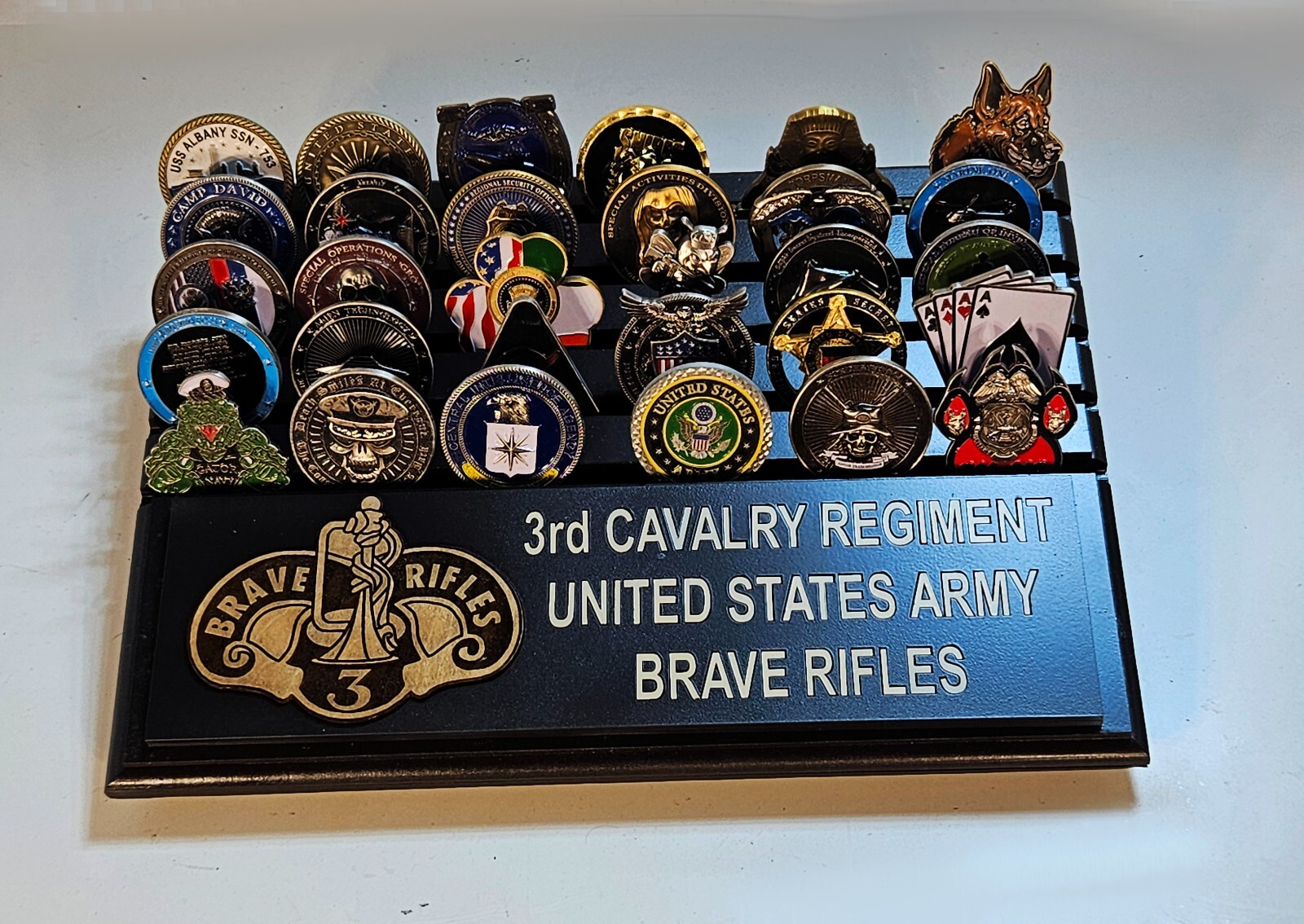 9x13 US Army 3rd Cavalry Regiment desktop challenge coin display appx 30 coins