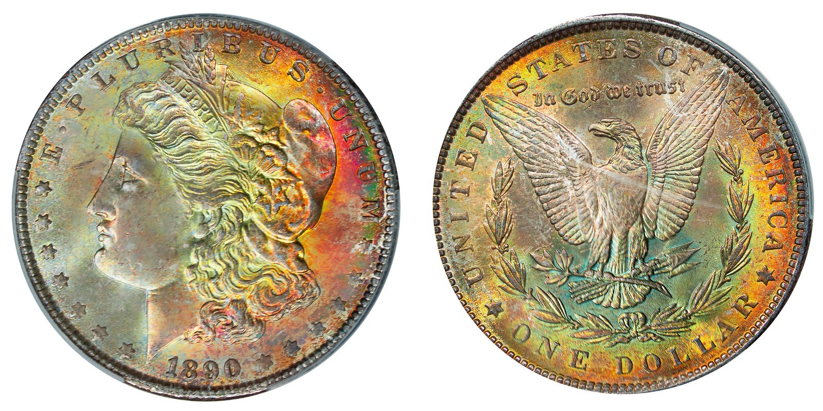1890-P CAC MS63 MORGAN $ GORGEOUS RAINBOW 2 SIDES TONING **