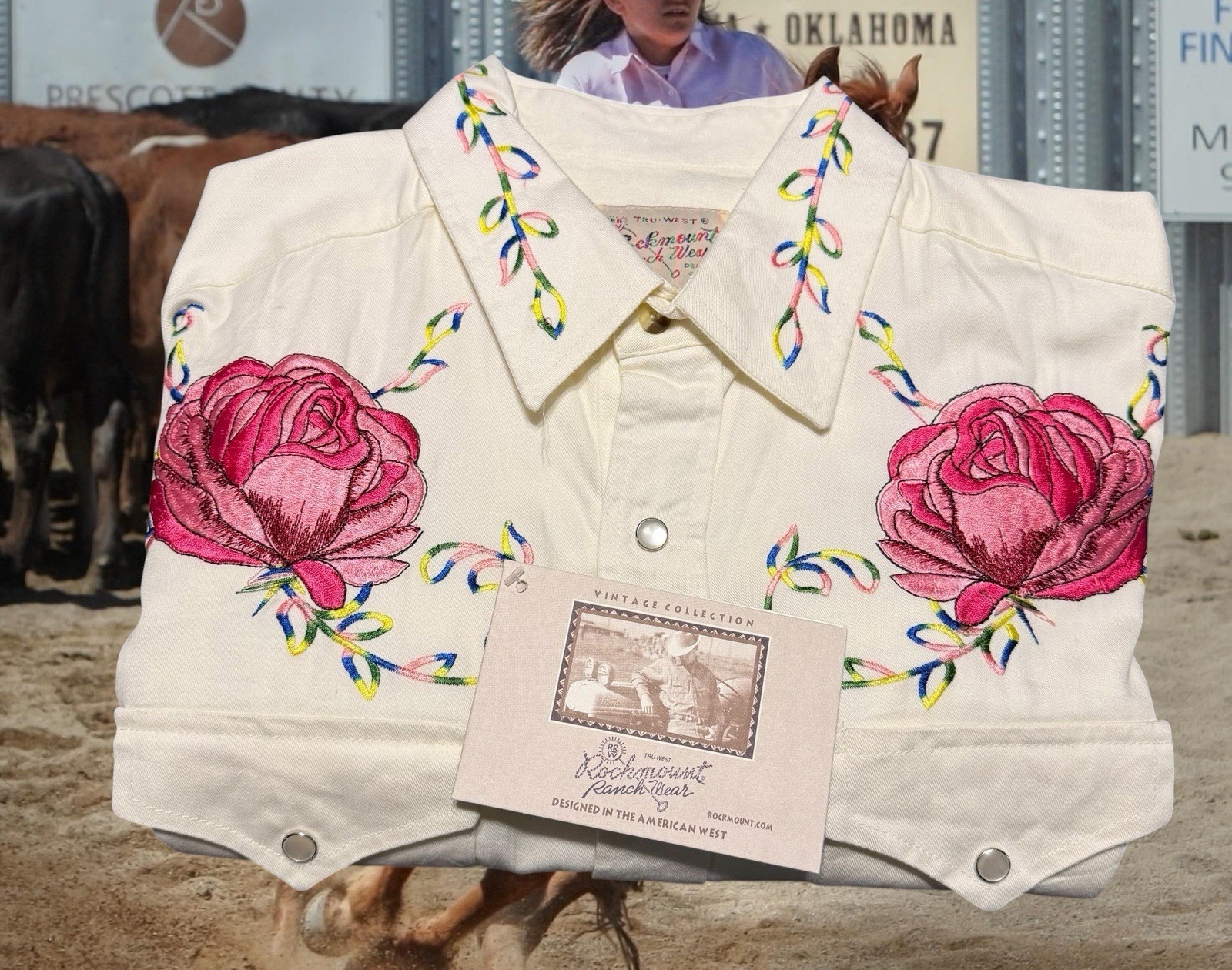 Rockmount Ranch Wear Tru West Pink Rose Embroidered Pearl Snap Shirt XL