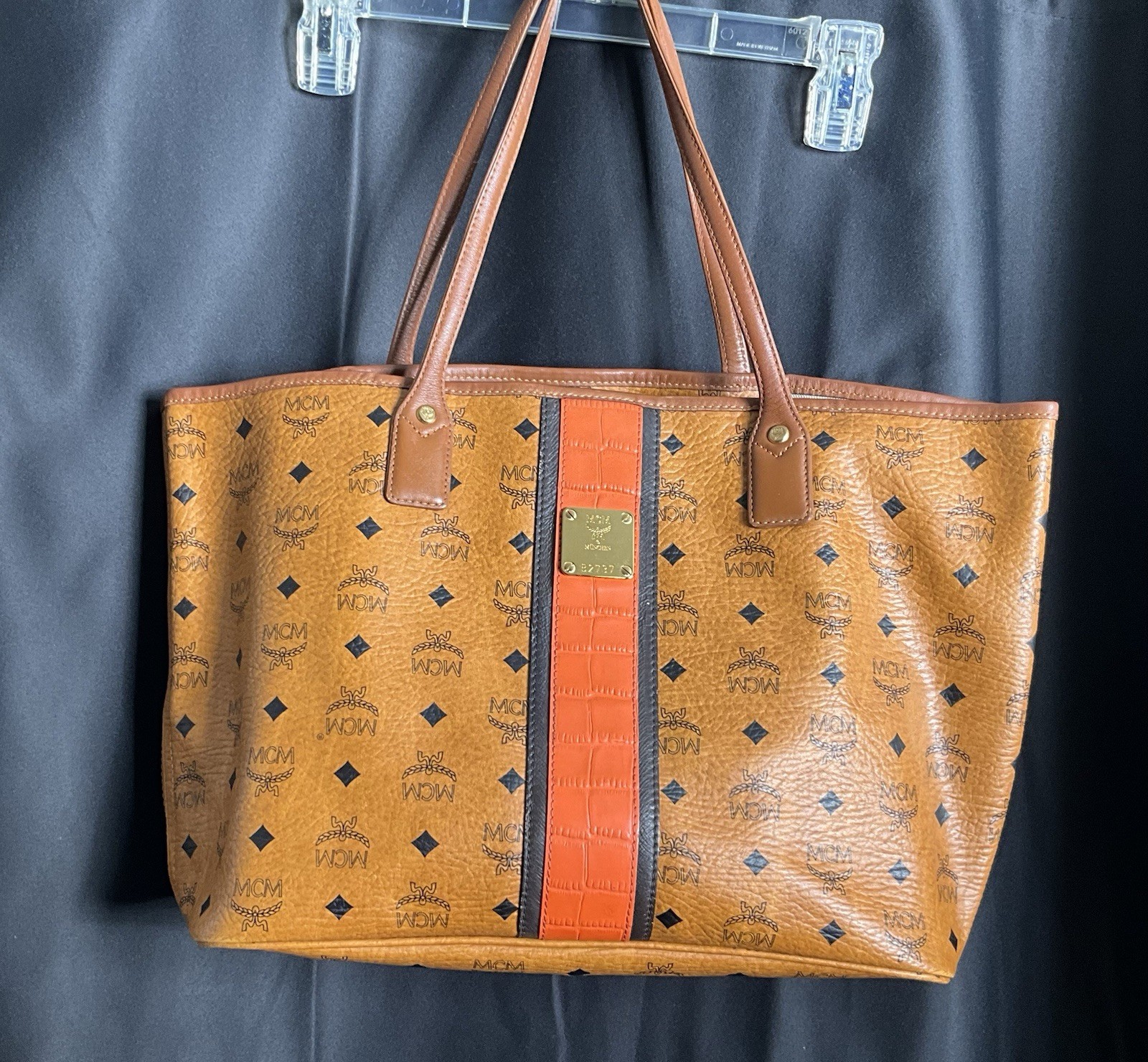 MCM Brown Logo Monogram Tote Bag w/ Coin Purse Gold Hardware Double Handles