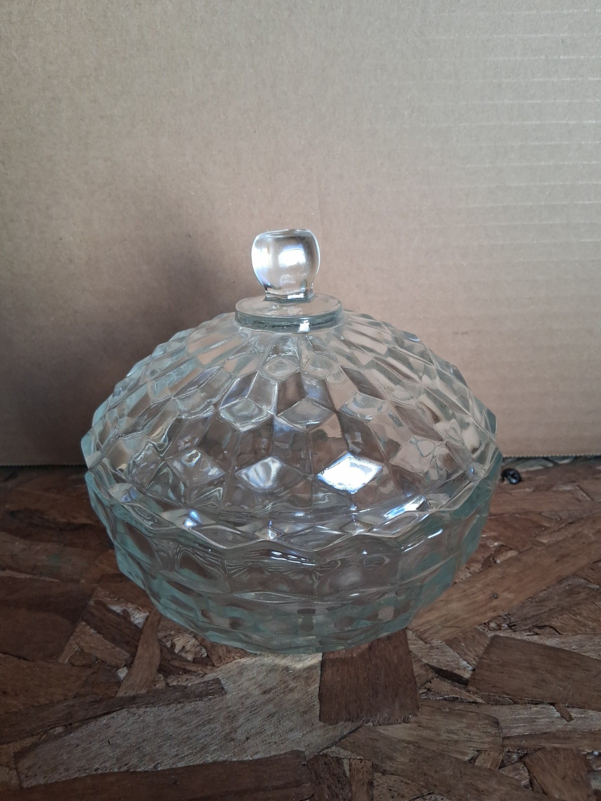 Vintage Fostoria American Clear Glass Covered Candy Dish 2-Piece Cubist Bowl