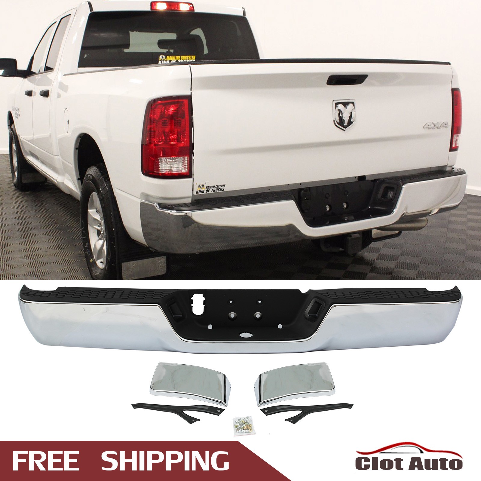 For 2009-18 Dodge Ram 1500 Rear Bumper w/o Dual Exhaust w/o Sensor Holes Chrome