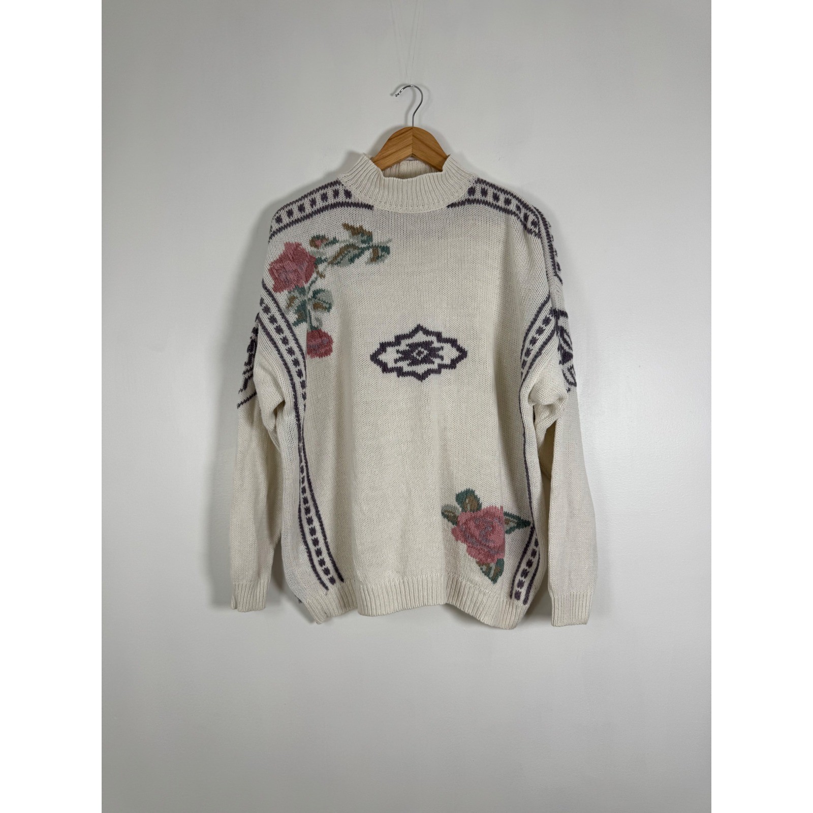 Vintage Gabrielle\'s Choice Women XL Sweater Ivory Floral Ramie Cotton Mock Neck