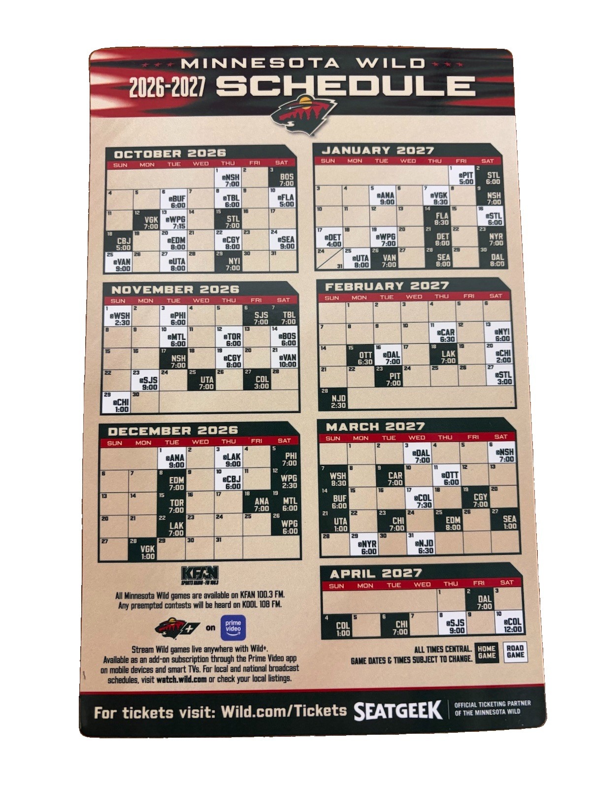 2026-27 Minnesota Wild MAGNETIC 2026 -2027 Schedule.  SGA
