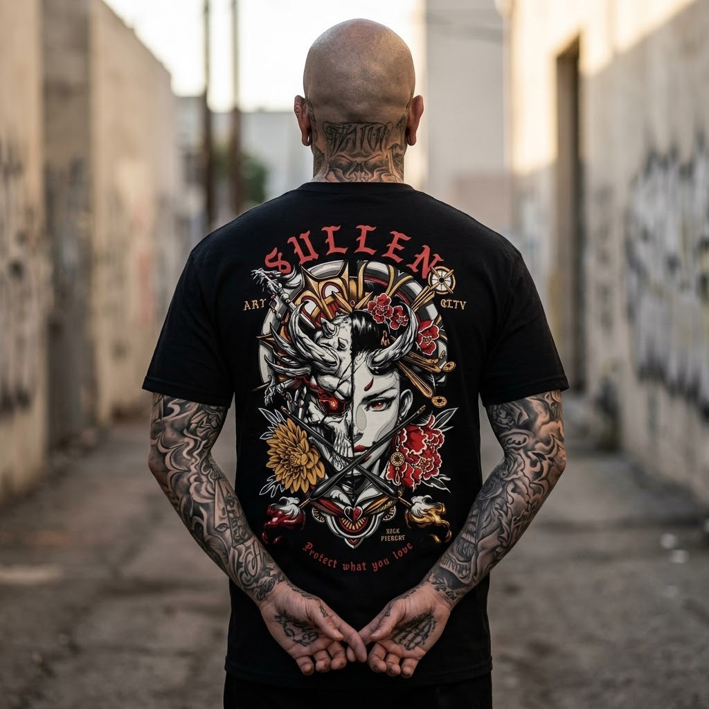 Japanese Oni Geisha Tattoo Style Sullen Art Black T-Shirt Chicano Men, S-5XL