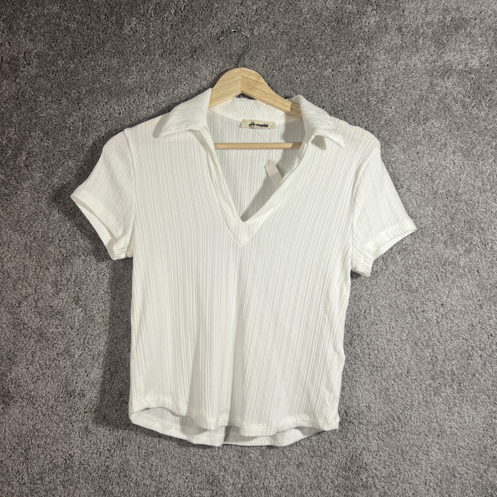 Madewell Women’s Small White Ribbed V-Neck Collared Polo Top Short Sleeve Casual