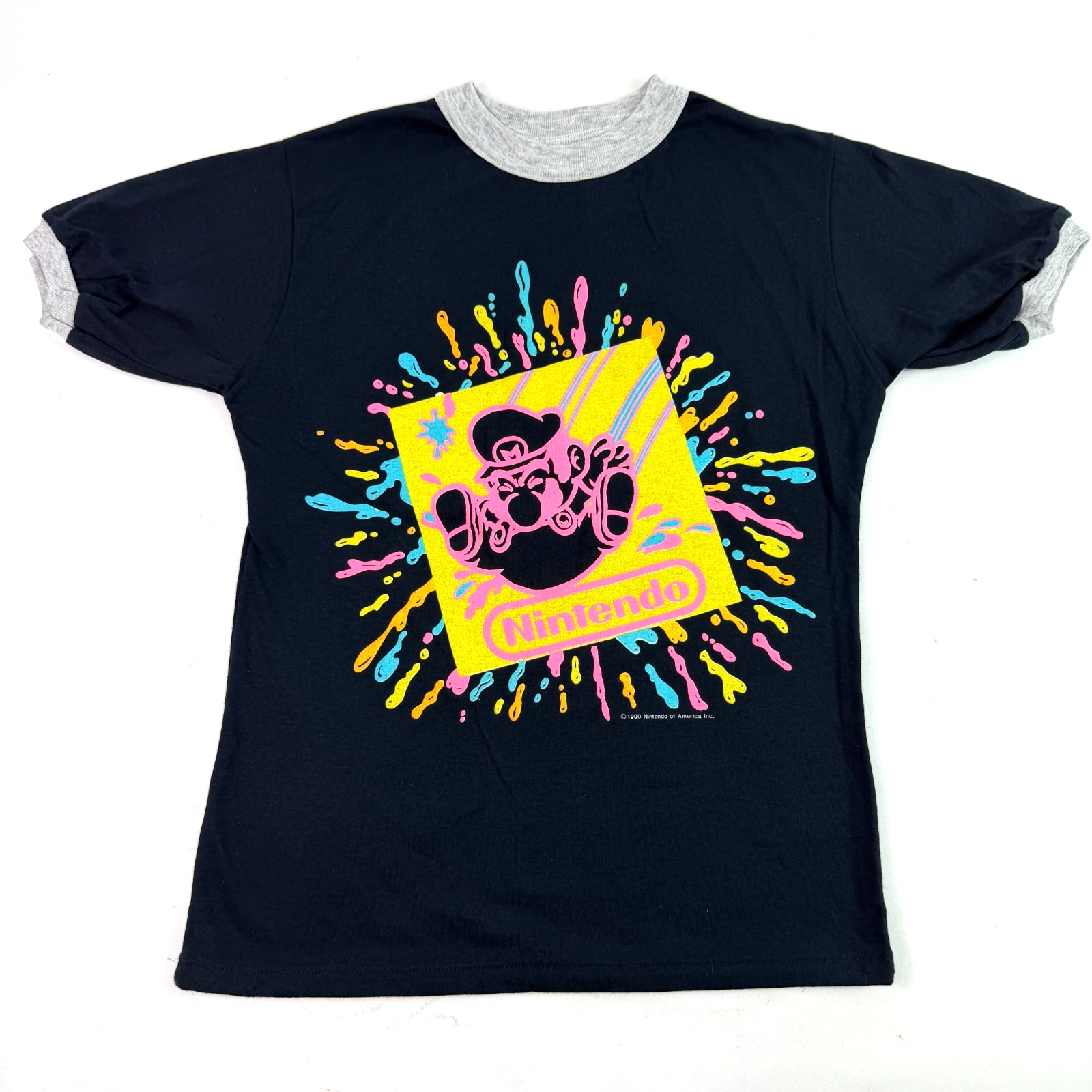 Vintage 1990 Nintendo Mario Youth 14 16 Shirt Womens XS Crop Ringer Black Neon