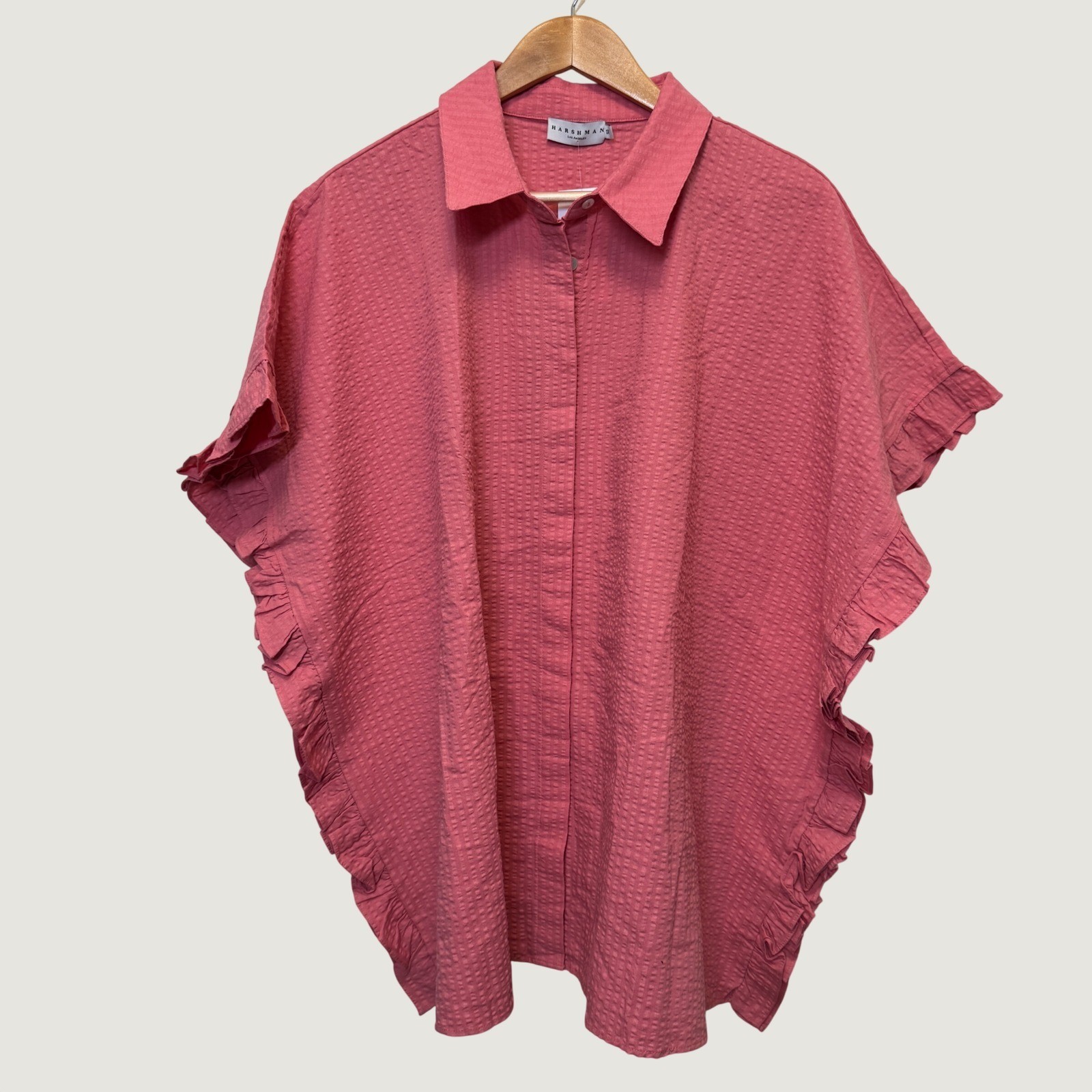 Harshman Womens Darcy Shirt 1X Rose Pink Seersucker Ruffle Dolman Coastal Chic