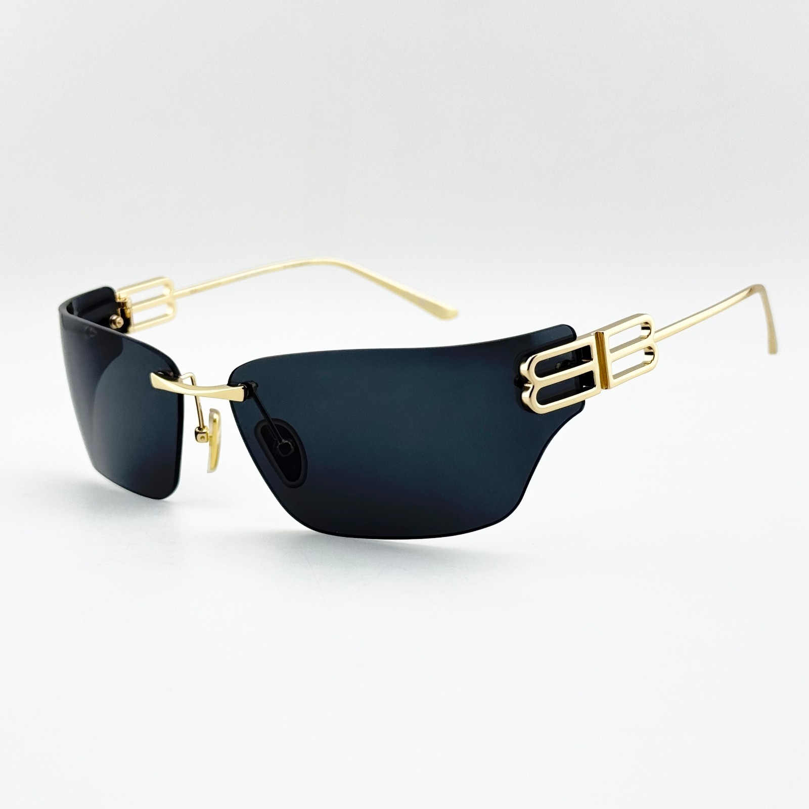 Balenciaga BB0485SA Rimless Rectangle Sunglasses Gold Black Lens Women 76mm
