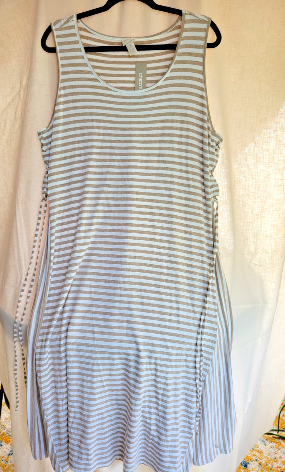 Chicos Striped Dress NWT Size 3 US 16 XL Knit Sleeveless Lace Up Neutral Midi