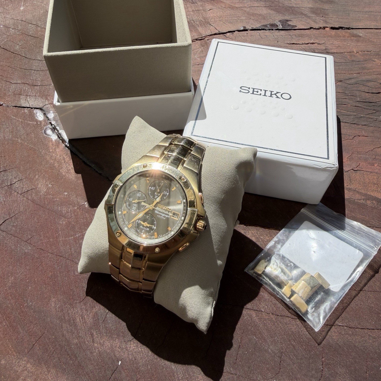 Seiko Coutura Alarm Chronograph Gold Men Watch 7T62-0GG8 For Repair w/ Box Links