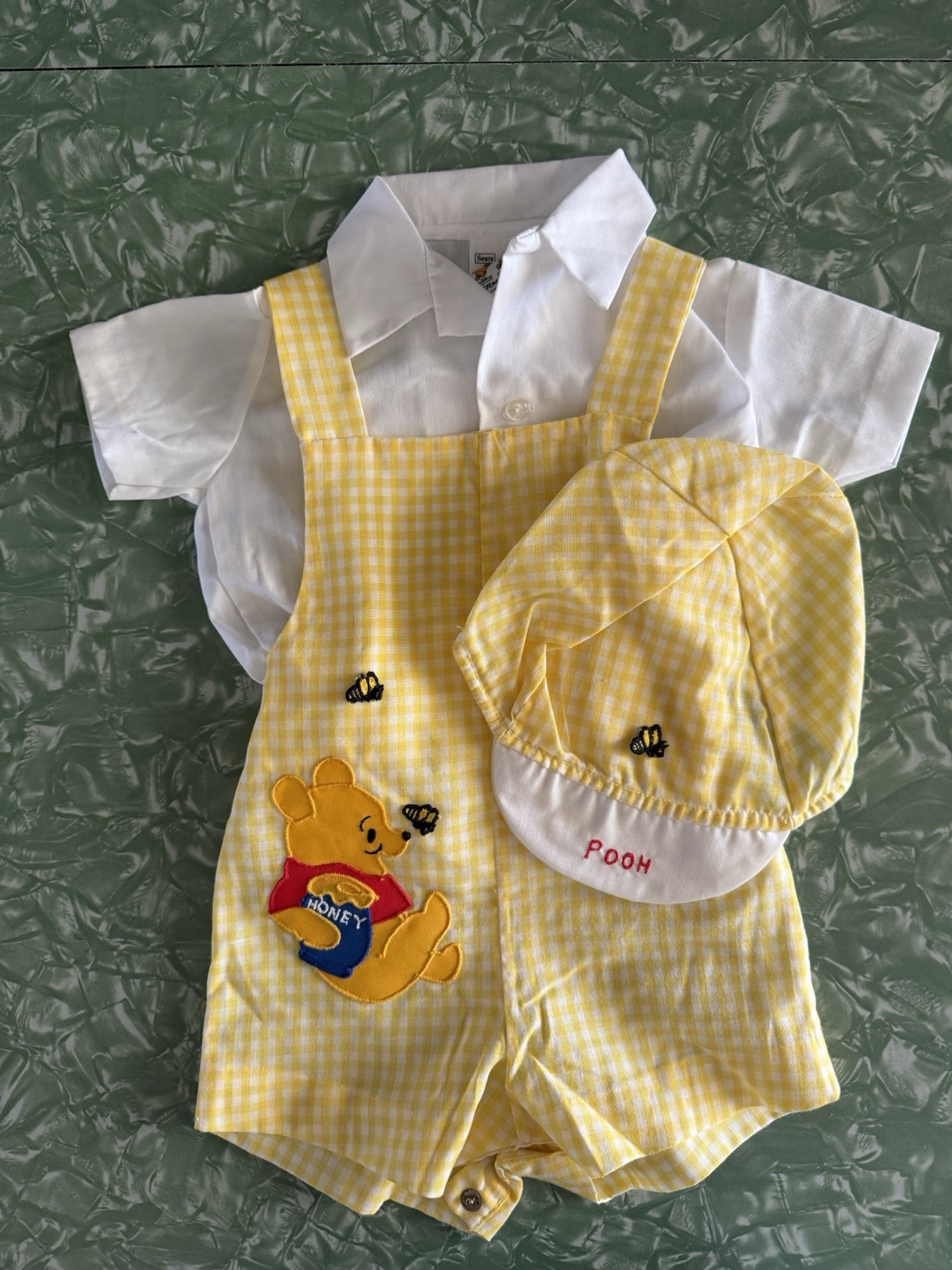 Vtg 70s Sears Winnie the Pooh Baby Gingham Overalls Outfit Set Hat White Shirt M