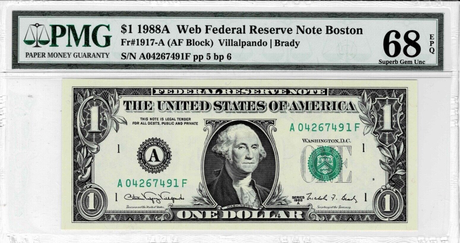1988A $1 Federal Reserve 'WEB' Note-fr.1917-A (AF 5/6) -PMG  68 EPQ- TOP POP 