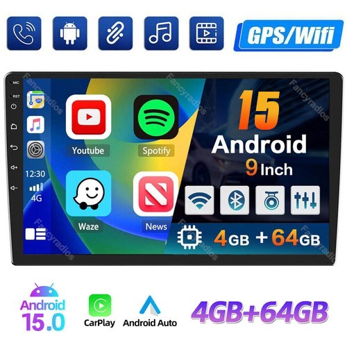 9inch Android 15 4+64GB Car Stereo Radio GPS WIFI Apple Carplay Double 2 Din BT