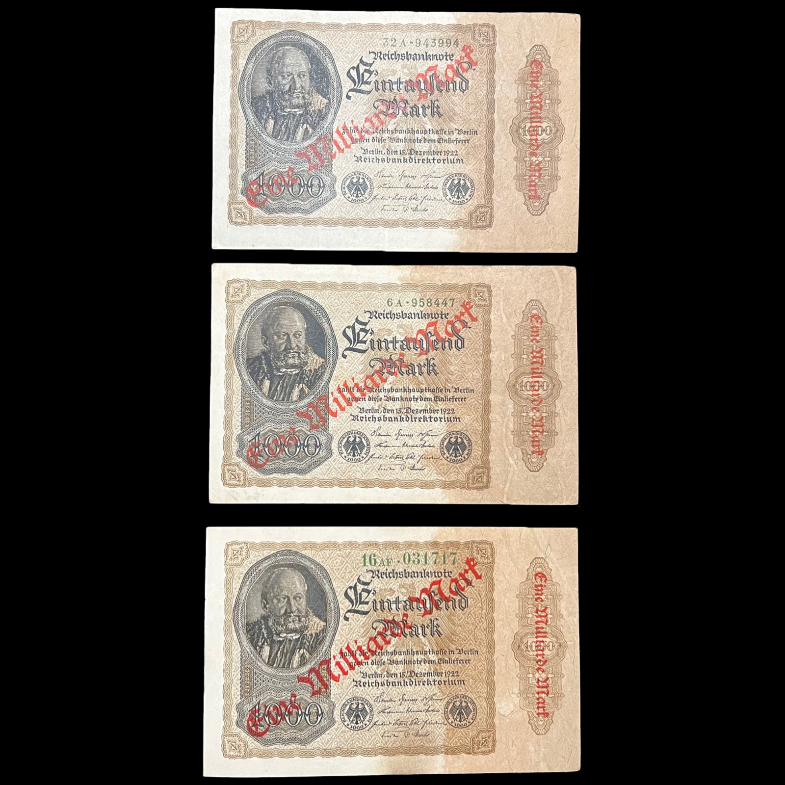 3x 1922 Germany 1 Billion Mark Banknote WW1 Pre WW2 World Paper Money Kaiser