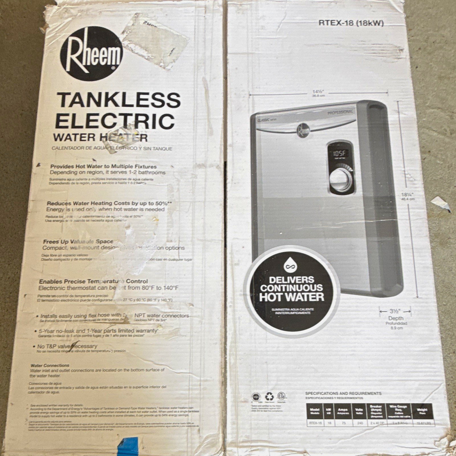 Rheem RTEX-18 18kW 240V 75A Tankless Electric Water Heater Digital Gray