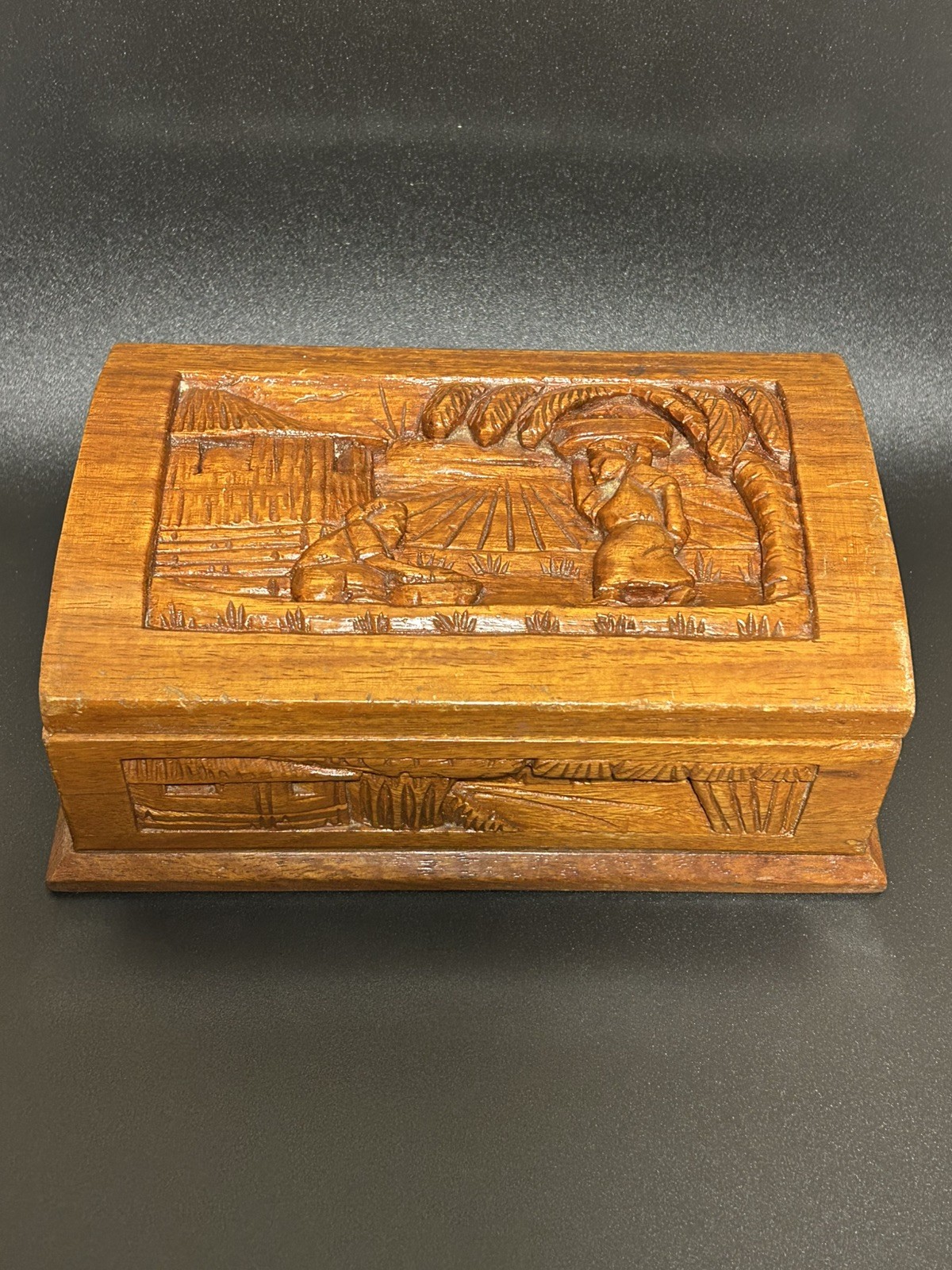 Vintage Hand Carved Africa Themed Wooden Jewelry/Trinket Box 1960’s