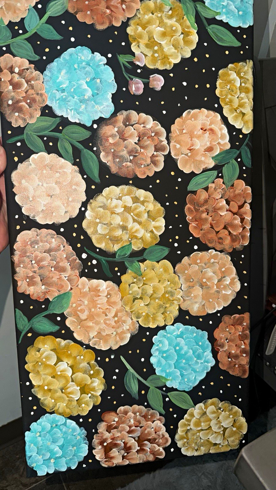 Hand-Painted Painting Black Background Polka Dots Contemporary Art
