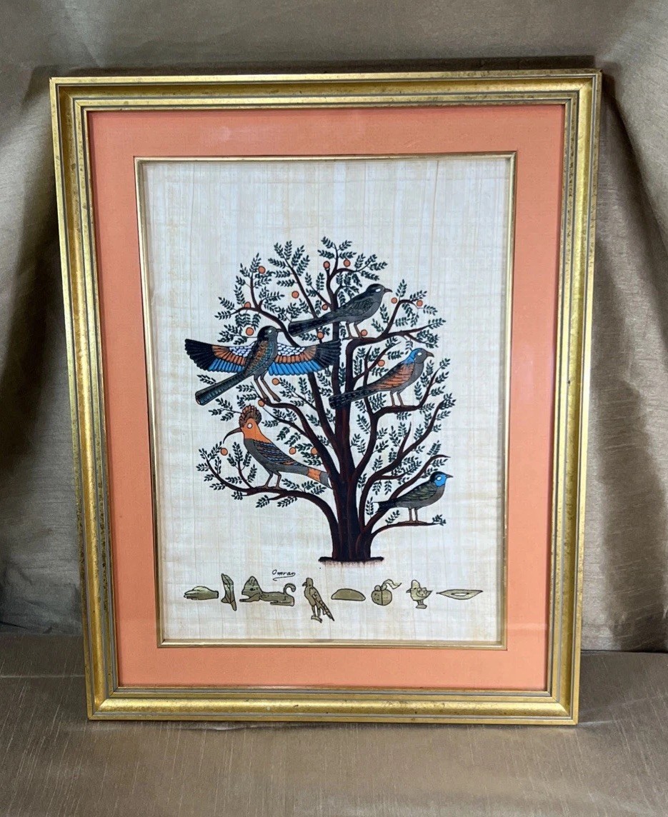 VTG Egyptian Hand Painted Tree of Life Original Papyrus Framed Fine Art Signed