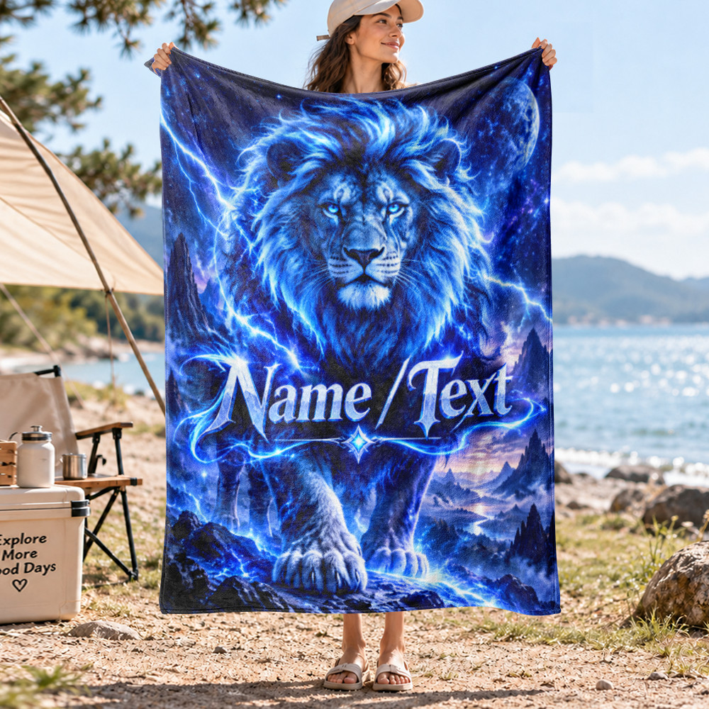 Personalized Blue Lightning Lion Coral Fleece Blanket Wildlife Decor