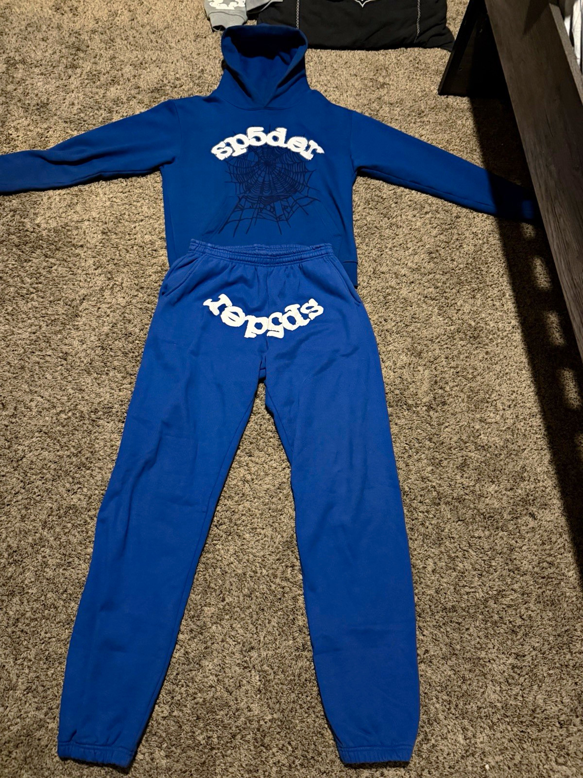 Sp5der Blue Tracksuit Rhinestone Hoodie & pants Size Medium *AUTHENTIC*