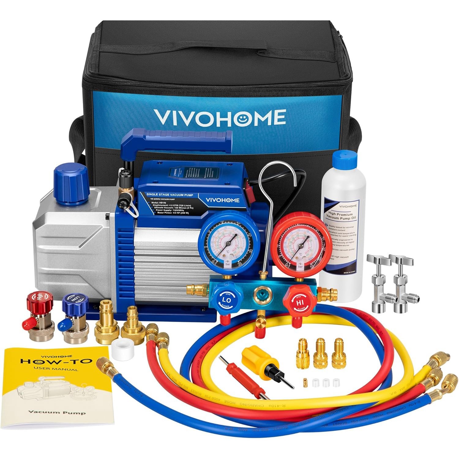 4.5 CFM AC Vacuum Pump and Manifold Gauge Set Kit 1/3 HP HVAC for R134a R1234yf