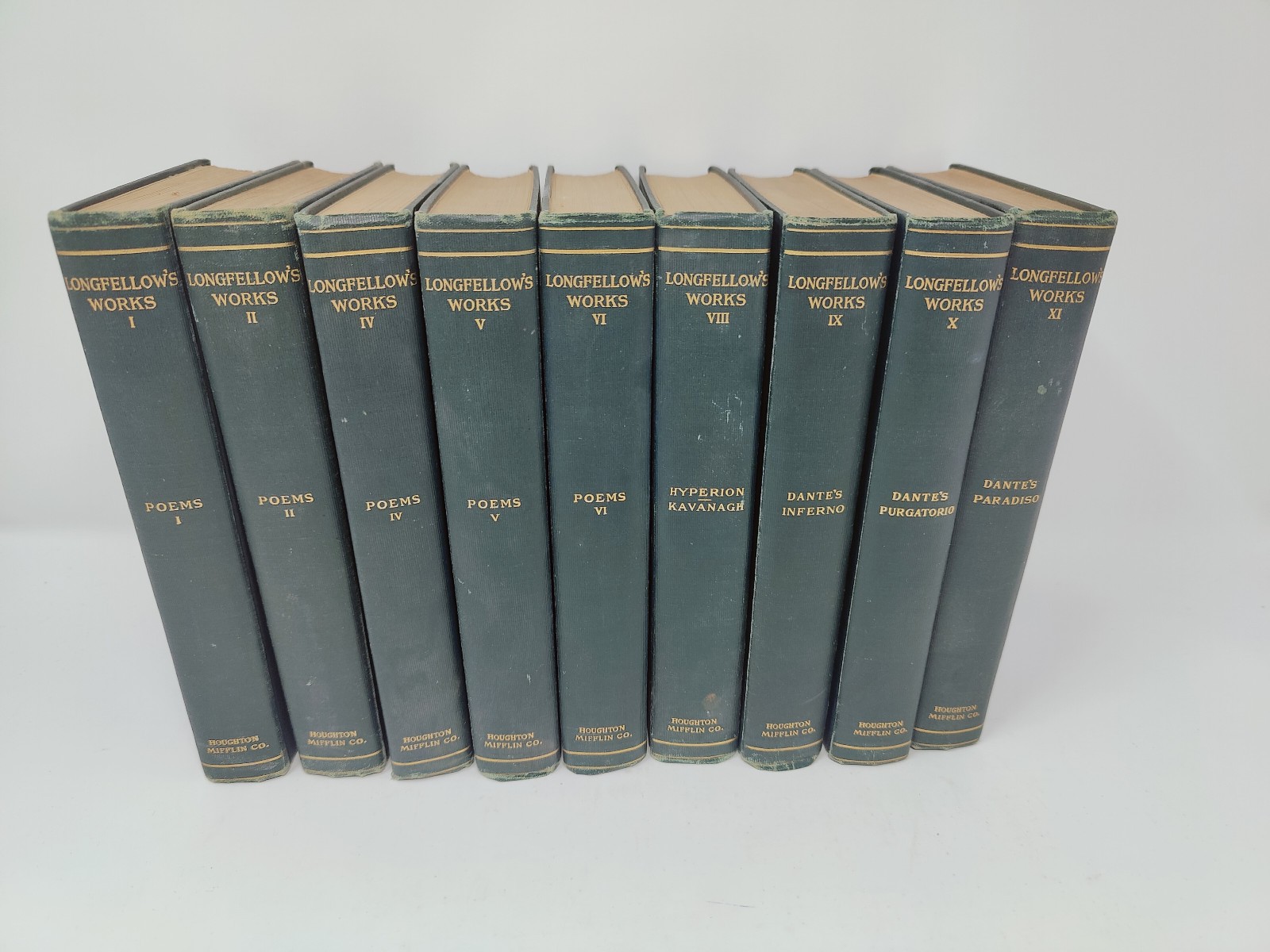Longfellow\'s Works, 9 Volumes (1,2,4-6, 8-11) Green Gold Antique HC