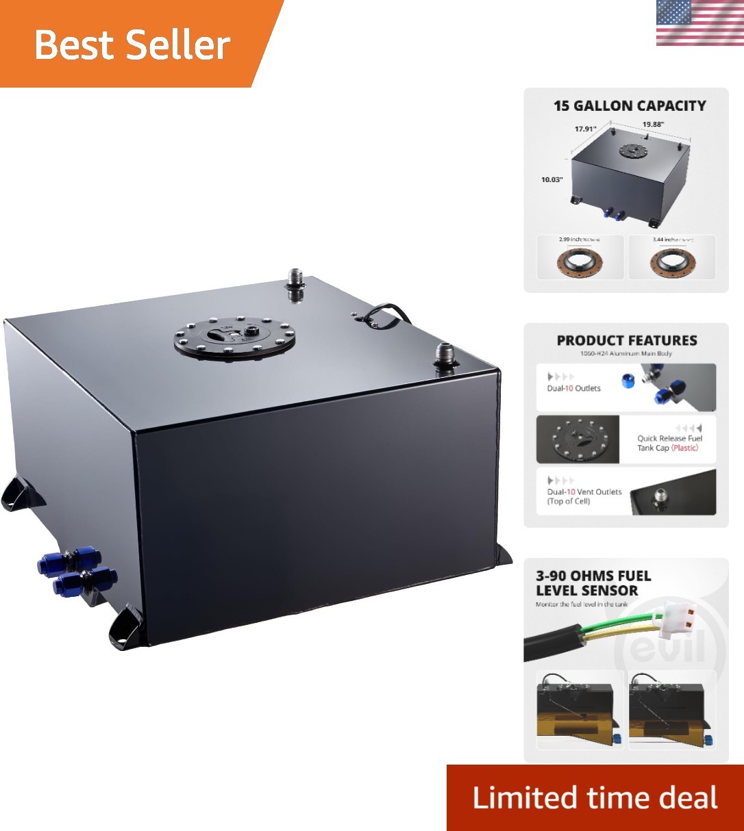 15 Gallon Black Aluminum Fuel Cell with Level Sender for Optimal Fuel Delivery