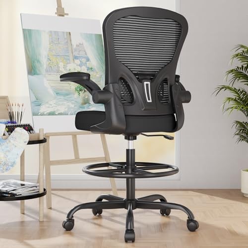 BLACK - SYNORLA ERGONOMIC DRAWING CHAIR, HIGH OFFICE CHAIR WITH FLIP-UP