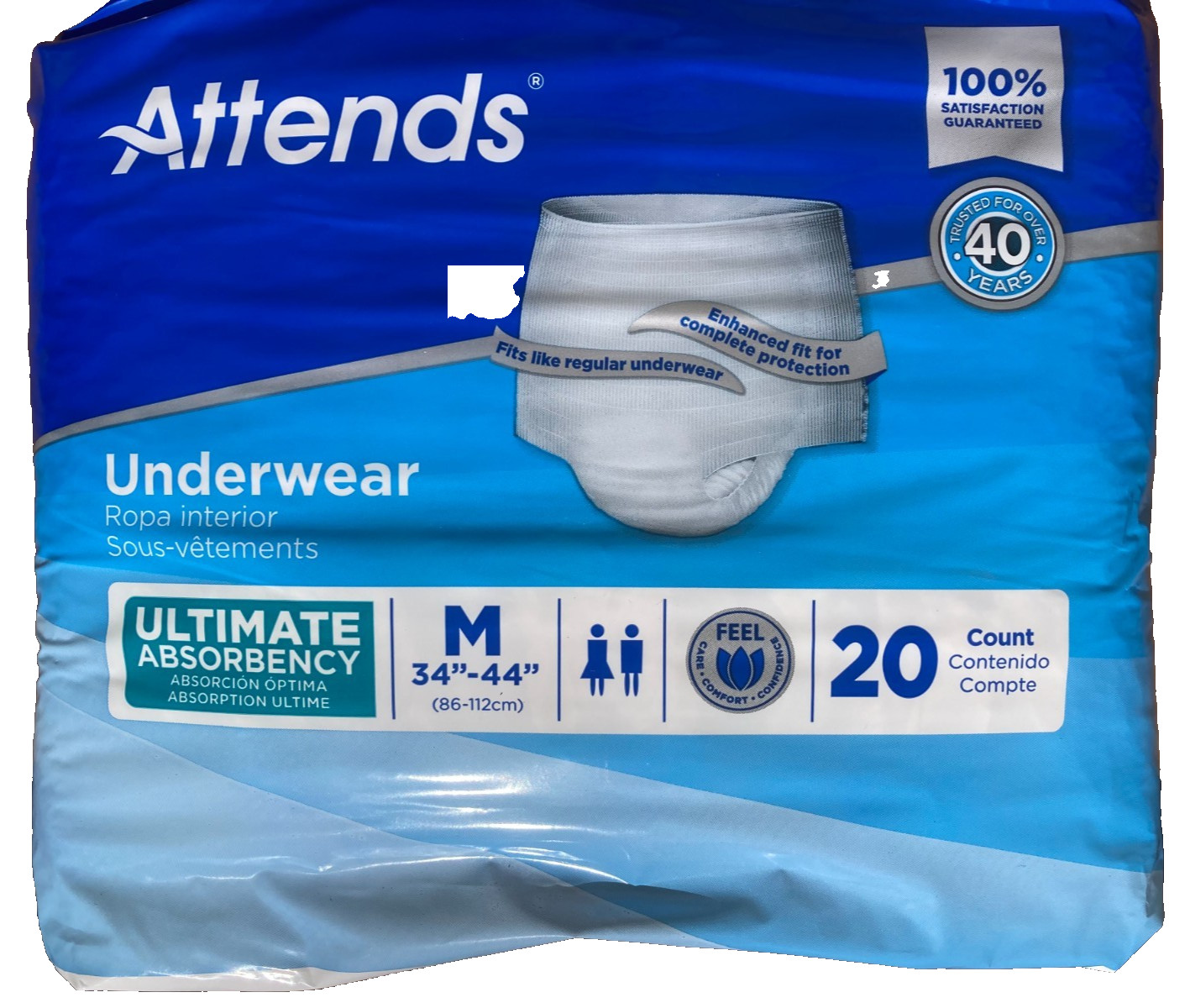 Attends Underwear Medium 80 Count 4 Packs of 20 Maximum Absorb 34”-44” (80 Pack) Attends Underwear Medium 80 Count 4 Packs of 20 Maximum Absorb 34”-44” (80 Pack)