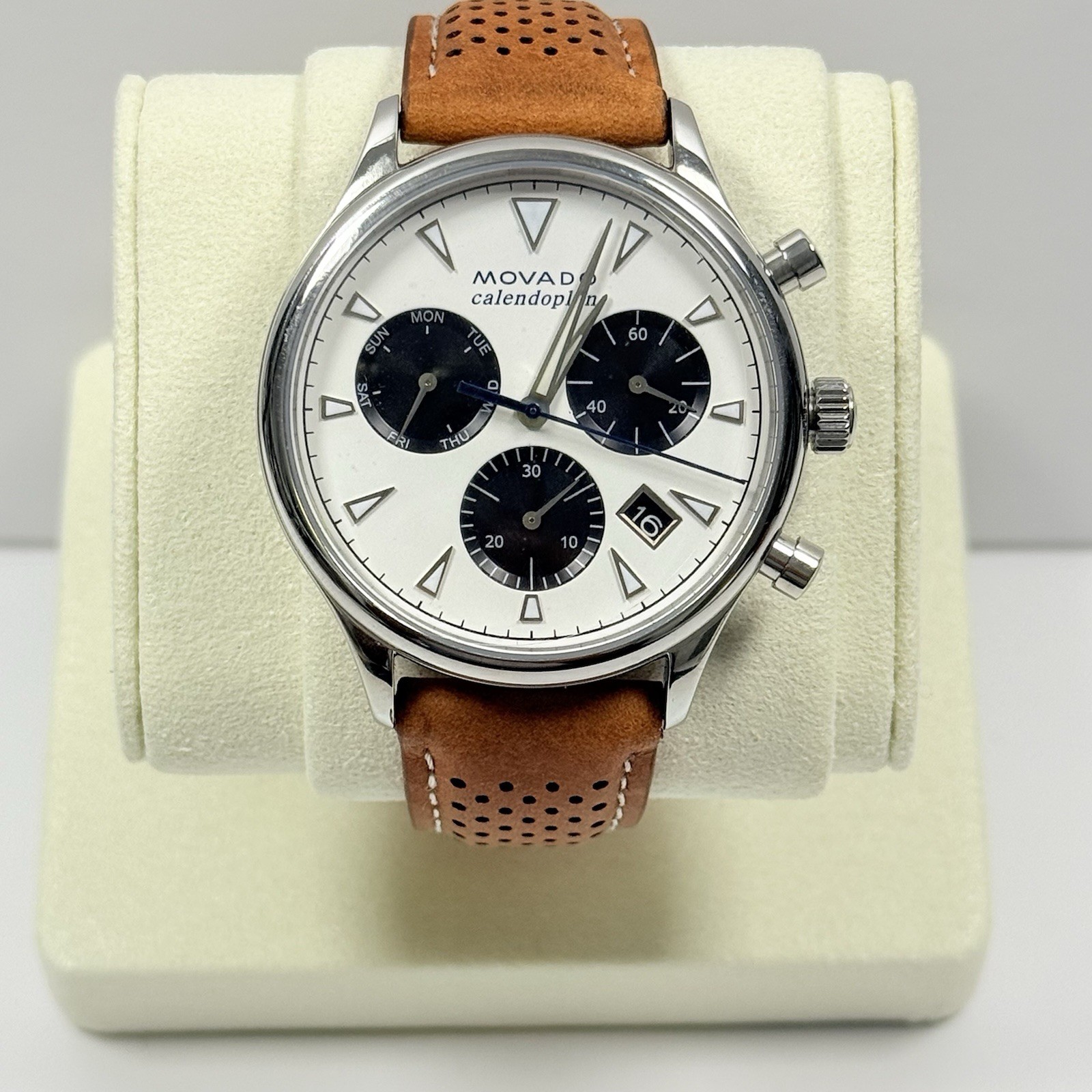 Movado Heritage Calendoplan 3650008 White Dial Chrono Brown Strap Men’s Watch