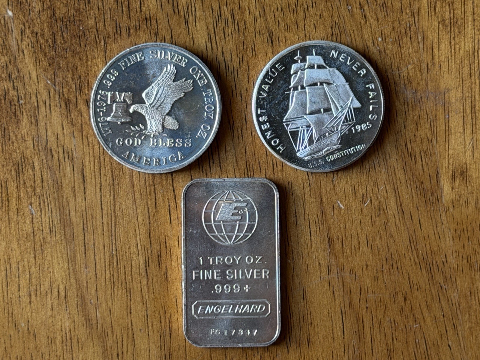 (Lot of 3) Vintage Silver Rounds & Bar .999 Engelhard, Liberty Mint & Tri-State