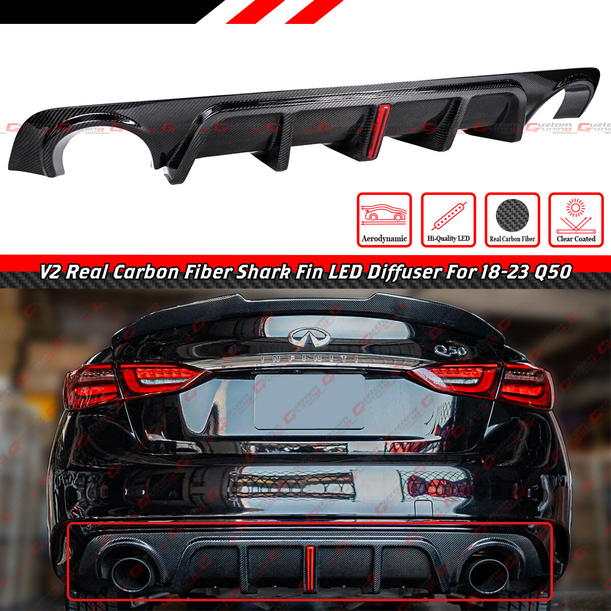 FOR 2018-2024 INFINITI Q50 JDM RS V2 LED REAL CARBON FIBER REAR BUMPER DIFFUSER