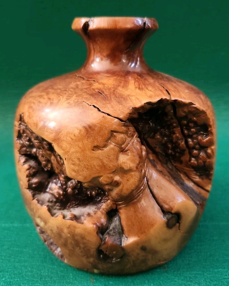 Vtg Hand Turned Burl Wood Weed Pot Vase Live Edge Organic Bud Vessel Glass Inser