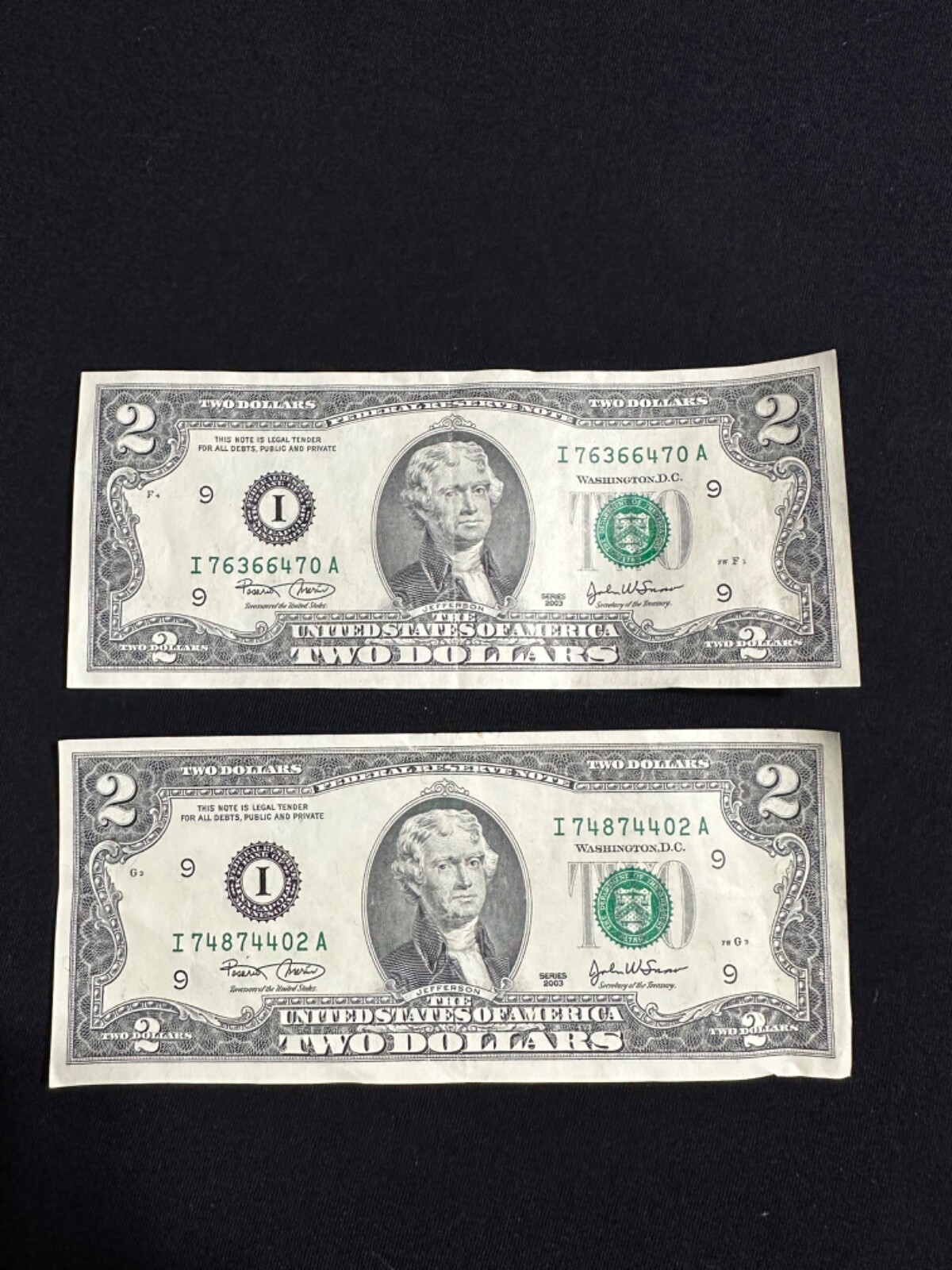 Two RARE 2003 Two Dollar ($2) Bill Circulated Two RARE 2003 Two Dollar ($2) Bill Circulated