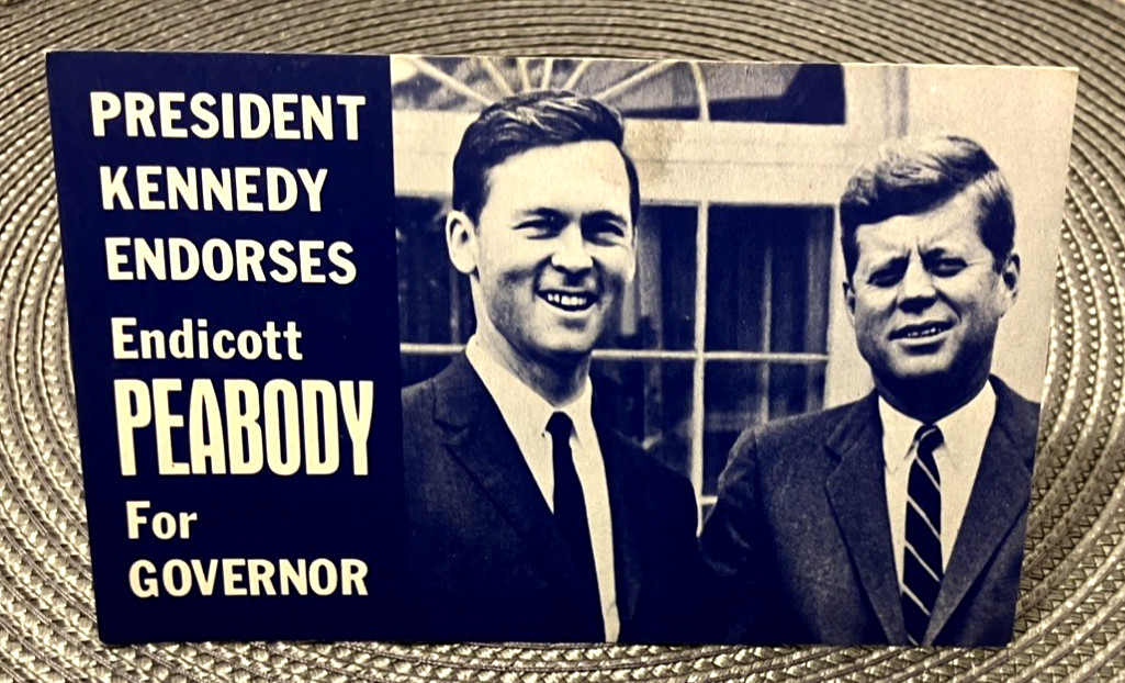 Vintage 1962 JFK+Endicott Peabody for Massachusetts Governor Campaign Palm Card. Vintage 1962 JFK+Endicott Peabody for Massachusetts Governor Campaign Palm Card.