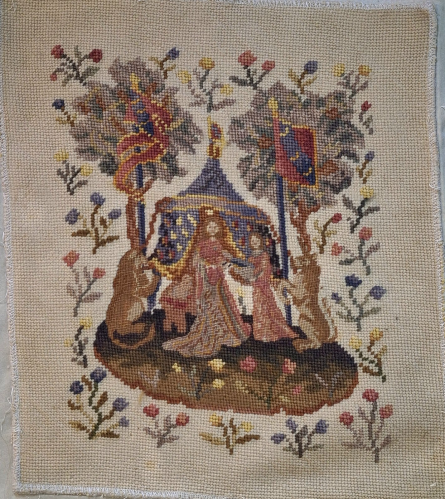 Vintage Medieval Lady with Griffons Needlepoint Petitpoint Tapestry 16x13\
