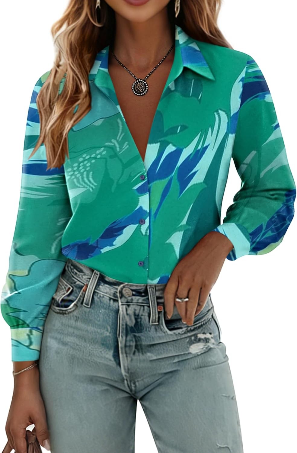 Womens Puff Sleeve Floral Print V Neck Button Down Shirt Business Casual Blouse Womens Puff Sleeve Floral Print V Neck Button Down Shirt Business Casual Blouse