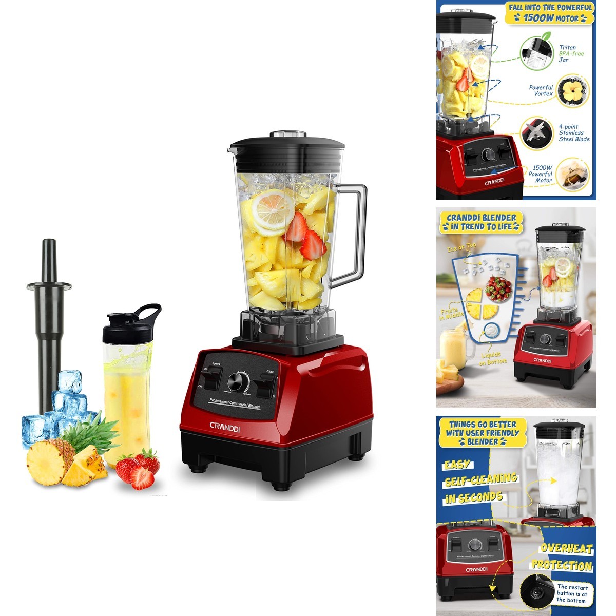 CRANDDI YL-010-R 1500 Watt Blender 70oz Self-Cleaning with Pulse CRANDDI YL-010-R 1500 Watt Blender 70oz Self-Cleaning with Pulse