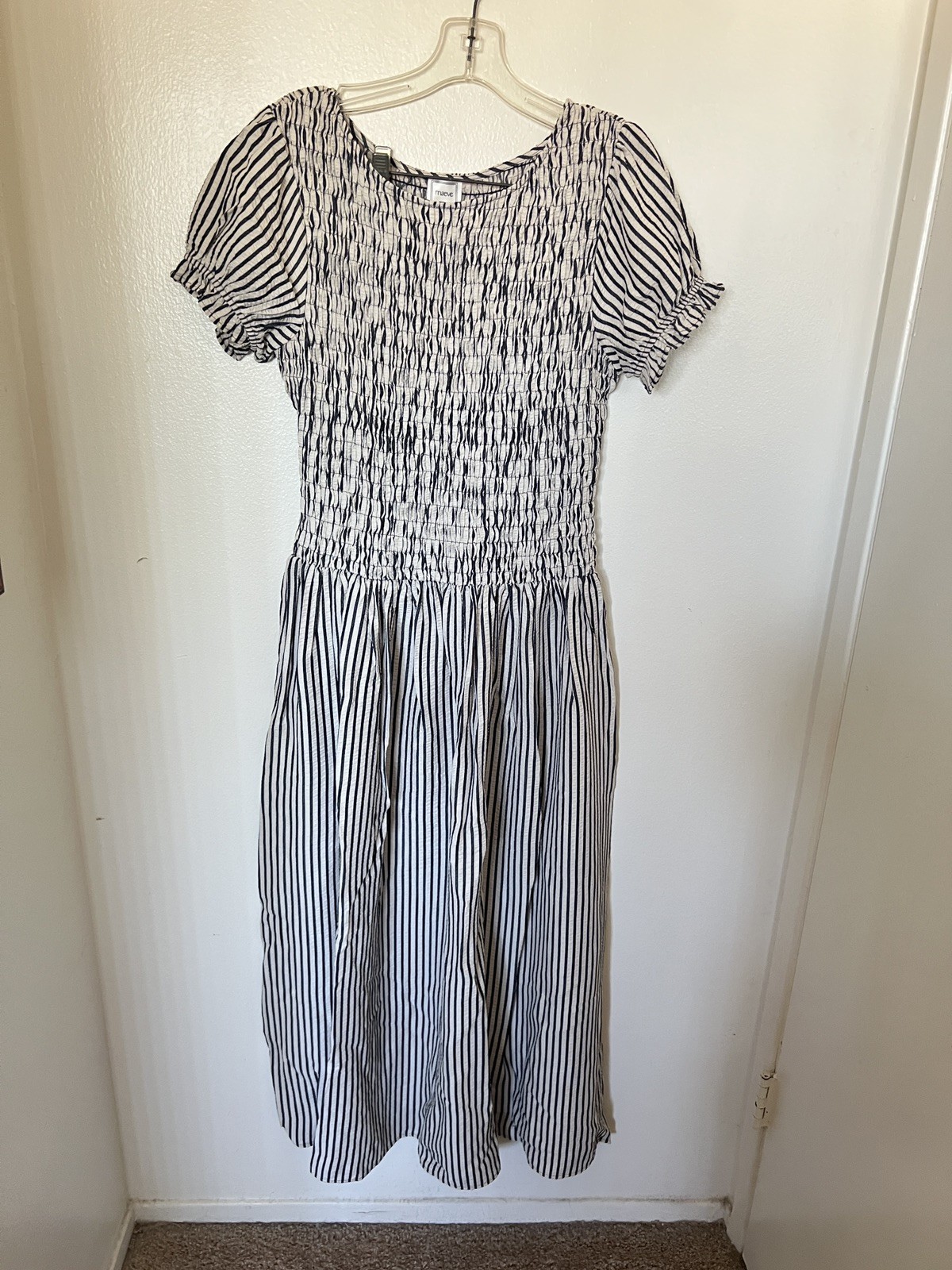New Anthropologie Maeve Margie Smocked Stripe Midi Dress SZ M Retail $168.