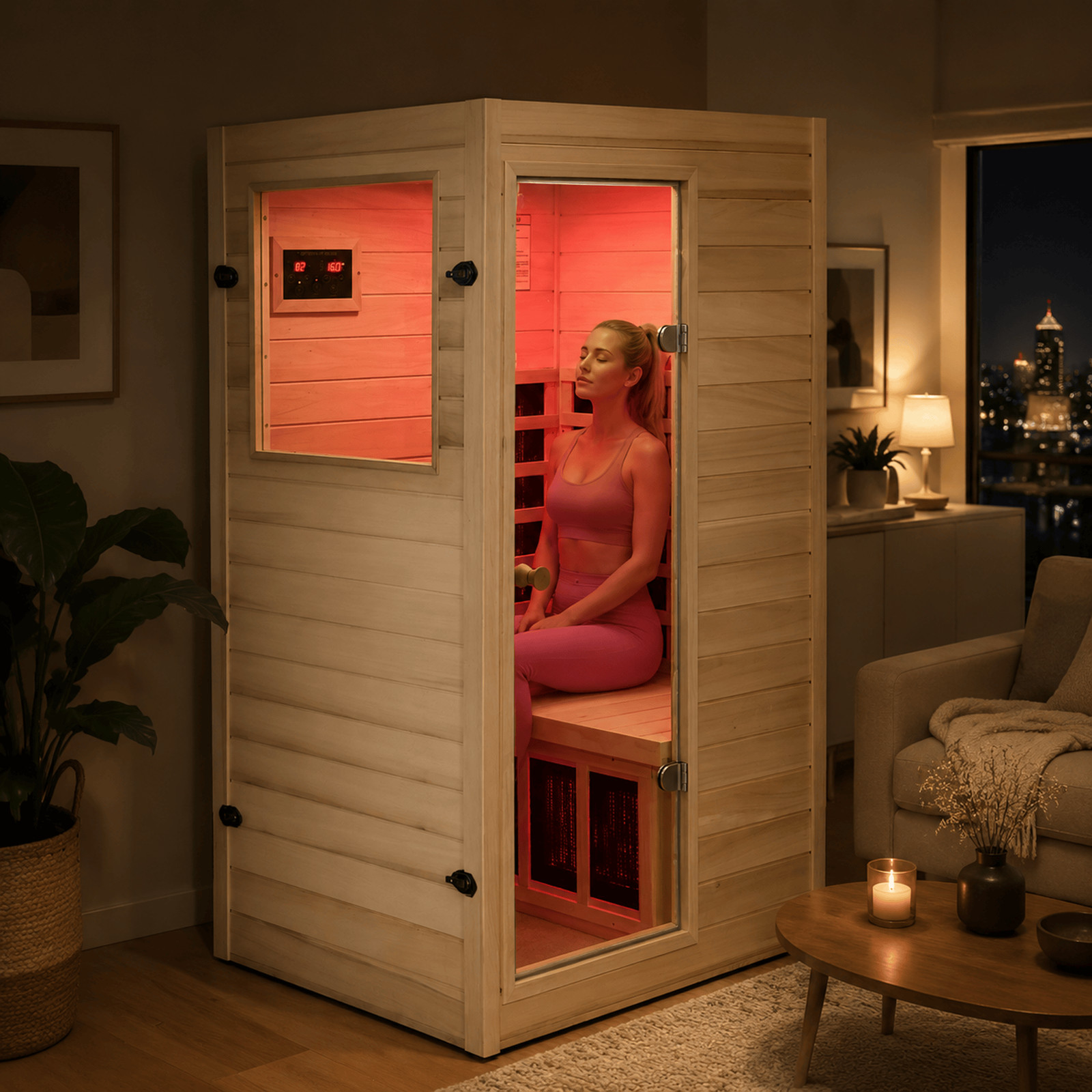 Mini Far Infrared Sauna Poplar Wood Red Light Therapy Low EMF for 1 Person 905W